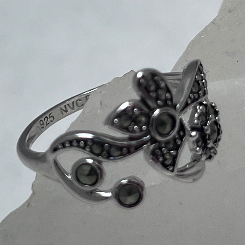 NVC Sterling Silver Marcasite‎ Floral Bypass Ring 925 Vtg Flower Size 6 - Picture 5 of 5